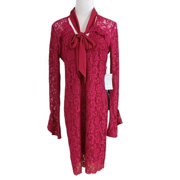 NWT ADELYN RAE RASPBERRY RED TIE NECK LACE LONG SLEEVE COCKTAIL DRESS - S - Picture 1 of 11